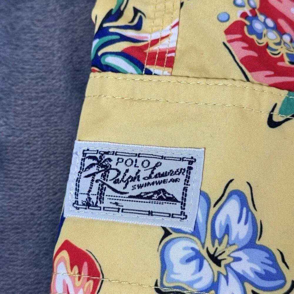 Polo Ralph Lauren Sz 4XL Tall Floral Hibiscus Yellow Hawaiian Swim Trunks Pocket